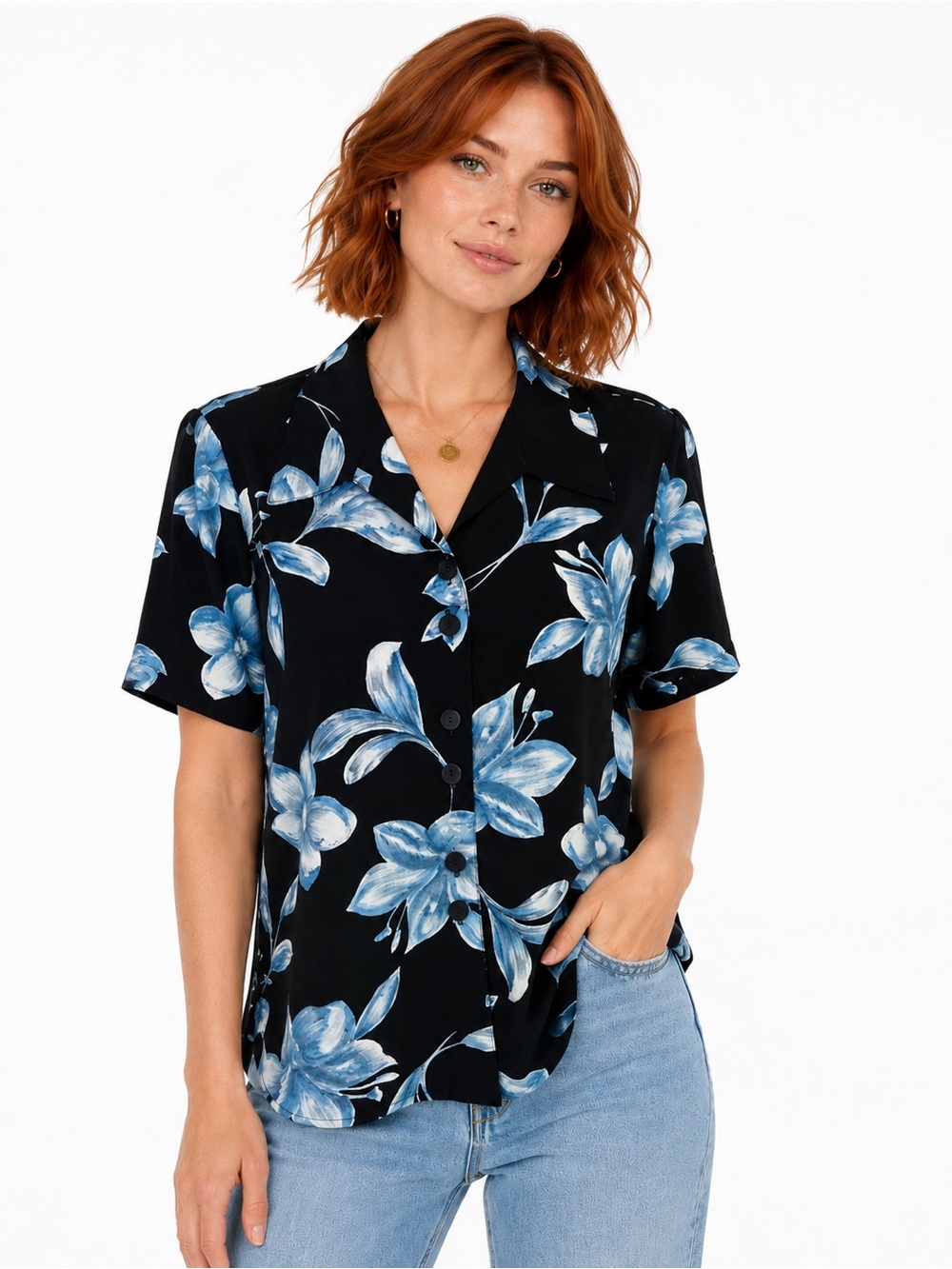 Vintage Black Button-Down Shirt with Blue Floral Print